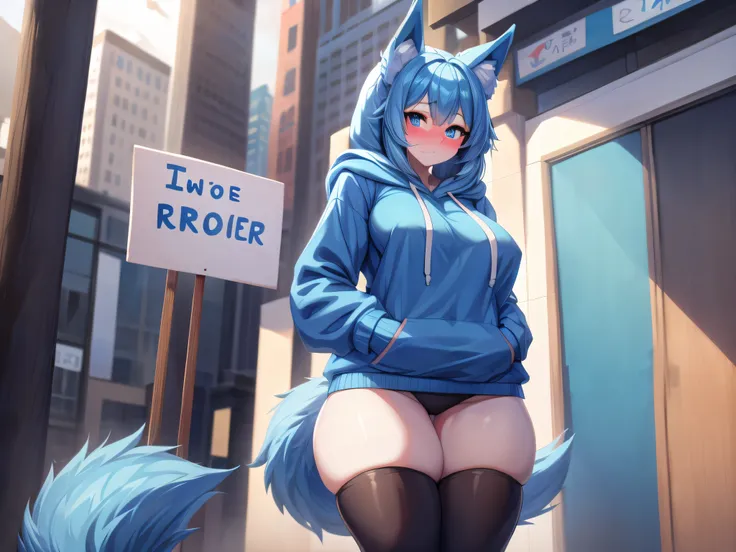 (Masterpiece) (High Detail) (High Res) A humanoid girl with pale skin and blue eyes and long blue hair and blue dog ears and a big fluffy dog tail and average breasts is stood ALONE holding a large white protest sign in front of her and looking shy and is ...