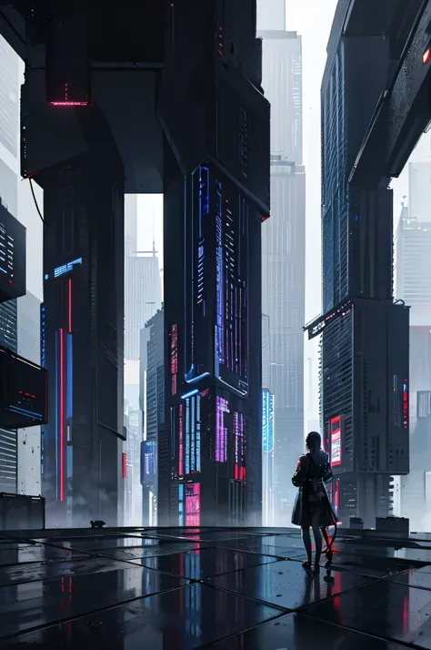 There is a tall building with many windows in the city, Surreal cyberpunk city, Rainy cyberpunk city,