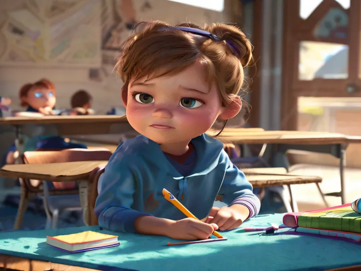 (Pixar style: 1.25) A little girl doing school activities, natural skin texture, 4K textures, HDR, intricate, highly detailed, sharp focus, cinematic appearance, hyper-detailed