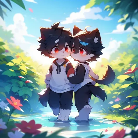 Black-haired, barefoot little Shota walks in the sea of flowers，(Black fur， Delicate fur， red eyes， brunette color hair），adolable