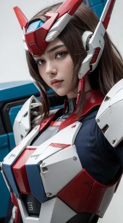 Textured skin, Super Detail, high details, High quality, Best Quality, hight resolution, 1080p, Gorgeous beauty、She wears a beautiful Gundam mecha(Gundam) Girl with robot body、Red, blue and white