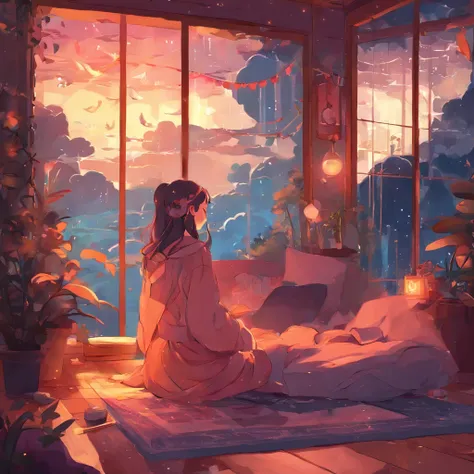 Girl listening to music in cozy room at night, Use headphones, 2D style anime, lo fi, Rain outside the window、Analog Color Theme、ghibuli style、