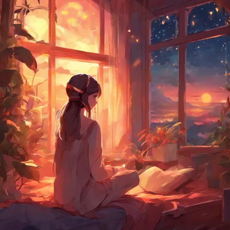 Girl listening to music in cozy room at night, Use headphones, 2D style anime, lo fi, Rain outside the window、Analog Color Theme、ghibuli style、