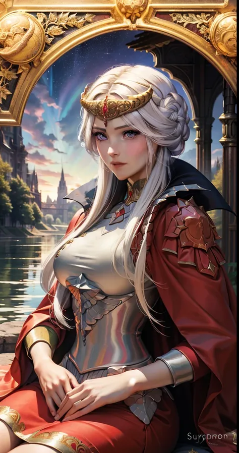 (masterpiece, best quality),  1girl, solo, (the empress:1.15), platinum blonde, long hair, (red cape), curtain, armored dress, q...