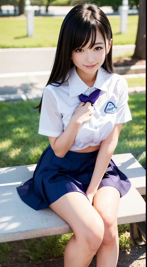 1 persons、Top image quality、femele、realisticlying、Beautiful skin、hposing Gravure Idol、High School Uniform、skirt by the、pantiy、Stand on one knee、Sit on a park bench、A slight smil、