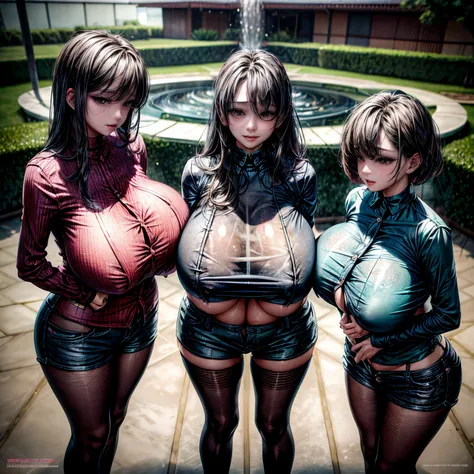 3 busty women are standing in front of the fountain. They are wearing wet sheer t-shirts and hot pants. gigantic breasts, giga_busty