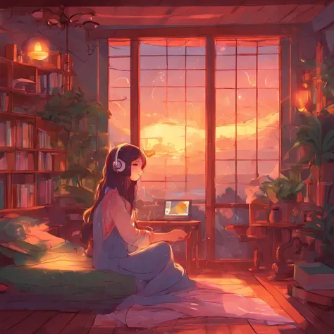 Girl listening to music in cozy room at night, Use headphones, 2D style anime, lo fi, Rain outside the window、Analog Color Theme、ghibuli style、