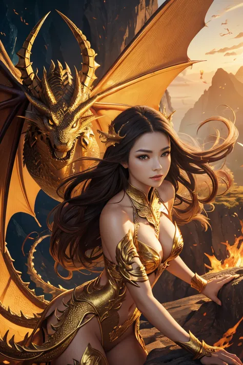 female and dragon: 1 female, 1 dragon,  Female body, high detailed face, free style, free angle, background in harmony with the model, dragon, golden dragon with transparent wings, abstract pattern on the background, cliff, abyss, speed, tenderness, 32K, u...