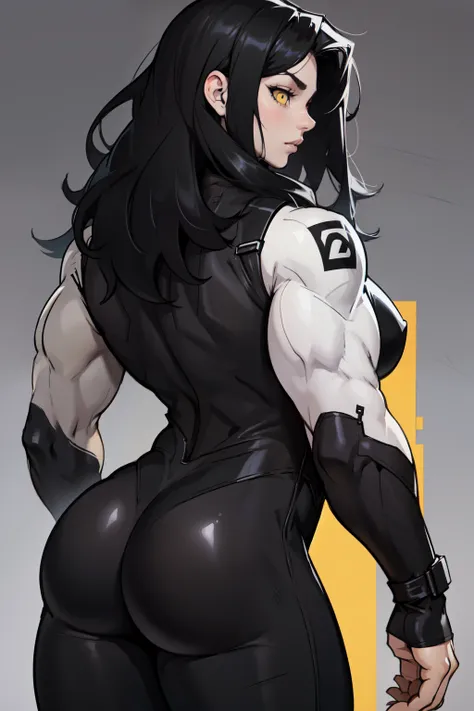 girl 1girl pale skin muscular huge ass toned body thick thighs black hair yellow eyes long hair grey background bodybuilder from behind ((full black bodysuit))