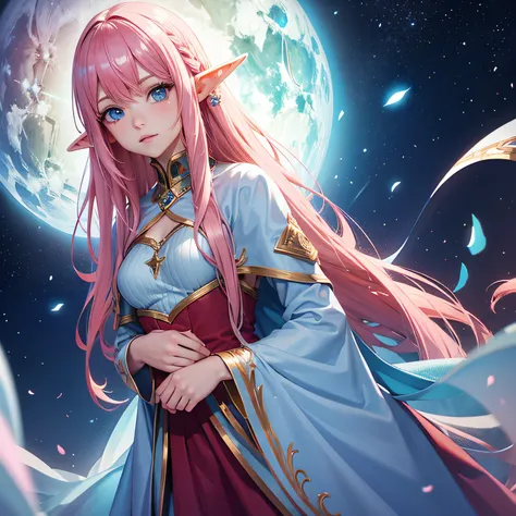 female, elf, pink hair, blue eyes, made of stars