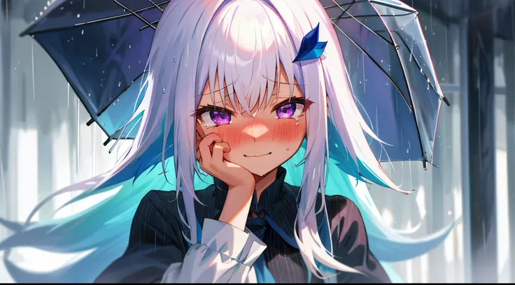 One girl with long hair, bangs, white hair, blue inner hair, purple eyes, looking at viewer, blushing, embarrassed, little smile, tears, white shirts, upper body, rainy atmosphere, hair ornament, hands in face, wet hair, overcast