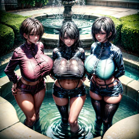 3 busty women stand in the water of the fountain behind them.. They are wearing wet bikini tops and hot pants. Many drops of water are on their bodies. gigantic breasts, giga_busty