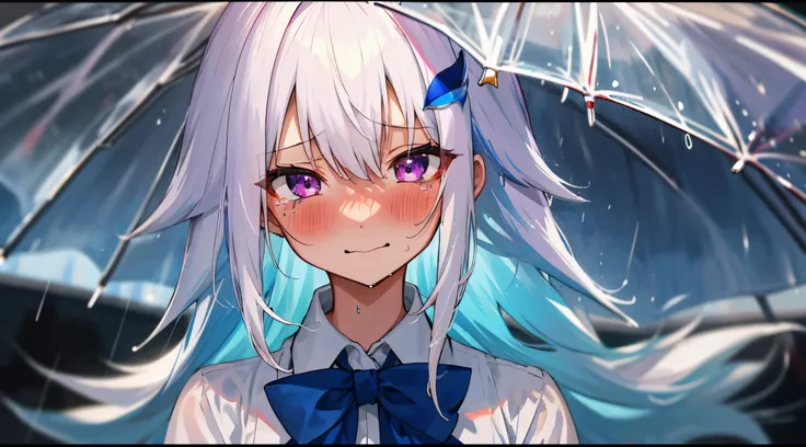 One girl with long messy hair, bangs, white hair, blue inner hair, purple eyes, looking at viewer, blushing, embarrassed, little smile, tears, white shirts, bowtie, school girl, upper body, rainy atmosphere, hair ornament, wet hair, overcast