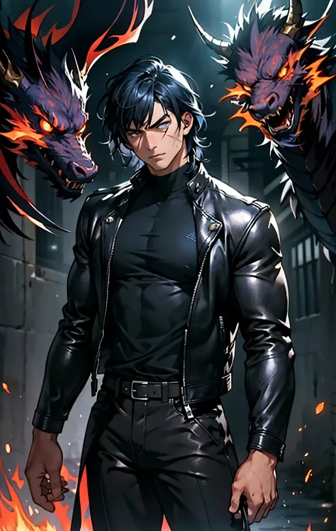 A young man, dark blue short hair, long bangs covering half of his face, sharp eyes, a long scar on his face, an expression of discontent, a fantasy-realistic style leather jacket over a dark undershirt, trousers that matching the outfit, black fire swirli...