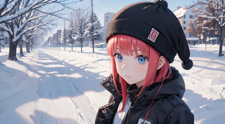 Nino Nakano,uniforme escolar con abrigo,gorro,campo nevado