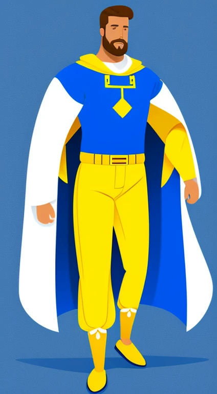 Male  king that’s white racially and wearing a blue shirt, yellow cape and blue pants