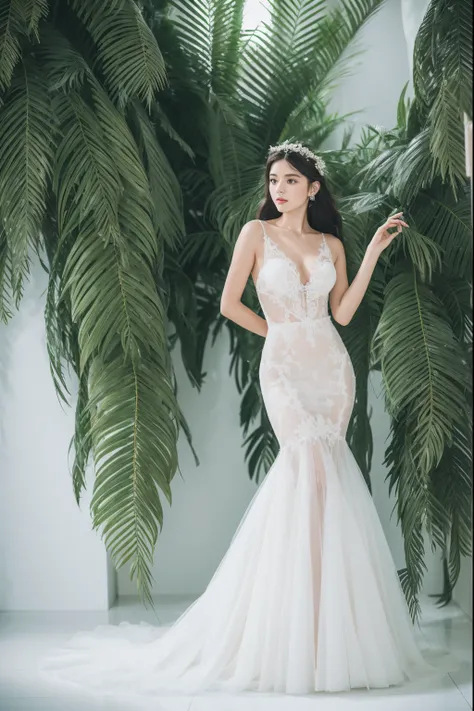 Best quality, 8k, 32k, Masterpiece, Masterpiece, (Photorealistic: 1.4), RAW photo, ultra realistic, 1girl，Fashion model, Wearing a white mermaid wedding dress, tulle fabric, full length view, pose in white room with indoor decorative palm tree, Stand uprig...