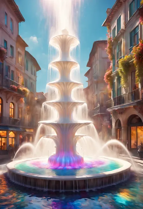 Beautiful psychedelic, swirling (water fountain in the small town:1.5),optical illusion,surreal,marble,reflection,vibrant colors,sparkling water,tranquil,mesmerizing,ethereal lighting,dreamlike,drifting mist,curved shapes,continuous flow,shimmering surface...