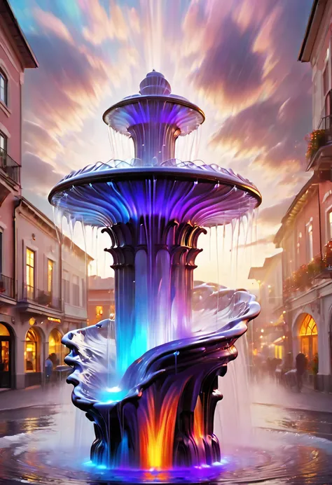 Beautiful psychedelic, swirling (water fountain in the small town:1.5),optical illusion,surreal,marble,reflection,vibrant colors,sparkling water,tranquil,mesmerizing,ethereal lighting,dreamlike,drifting mist,curved shapes,continuous flow,shimmering surface...