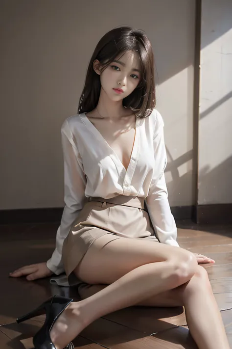 realisitic、long legged、ful、Feminine、white  shirt、a miniskirt、high-heels,extremely delicate face,Realistic lighting and shading, (an extremely delicate and beautiful art)1.3, Elegant,Dramatic shadows、ighly detailed。hightquality、hight resolution、raw、超A high ...