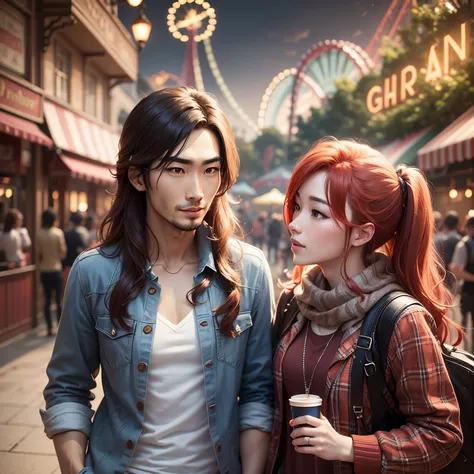 Godfrey Gao dark hair, with his red-haired girlfriend, amusement park background --auto --s2