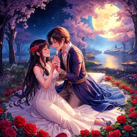 Imagine a bed of roses under the moonlight, where love and longing bloom, image of a pair of hands embracing each other amidst rose petals, while the flowers seduce with the scent of romance. The colors of twilight embrace the beautiful moments of dreamlan...