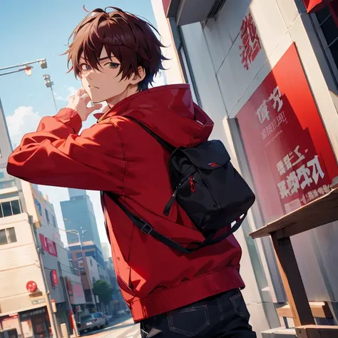 Anime character wearing a red jacket standing on a street corner with a backpack, realistic anime 3 d style, young anime man, High quality anime art style, artwork in the style of guweiz, Male anime style, Handsome Anime Pose, realistic anime art style, Sm...