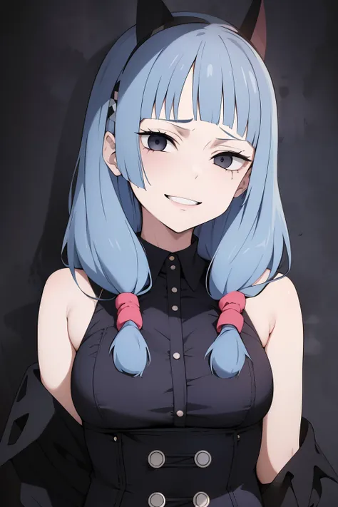 Cute girl , blue  hair , Patchwork face , black clothes , One dark blue eye and one gray eye , adult girl , full body , Light blue hair , Patchwork face , stitched face , torn face , Crazy smile