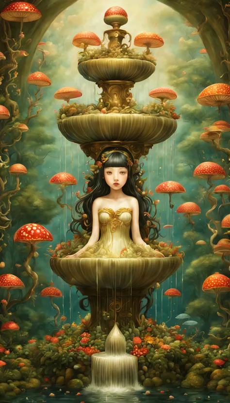 magical,Mysterious, ethereal and surreal fountain，The fountain , the ultra-detailed, ，Draw beautiful digital illustrations，  james r style，by Amy Sole, author：naoto hattori，yayoi kusama, by Ghibli Studio，No border