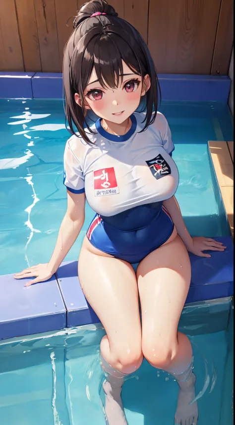 1girl in, Parted lips, blush, makeup, lightsmile, Full body, Wide Angle, From  above, crass room, llight rays, Glow, thighs thighs thighs thighs, 鎖骨, Narrow waist, (masutepiece), Wallpaper,Dark hair color、Breast bulge、Sheer、white gym uniform、Dark blue bloo...