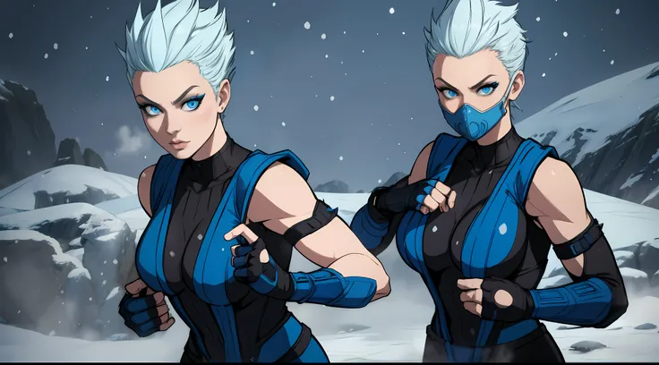 frost, blue eyes,   mouth mask,  spiked hair, 
 fingerless elbow gloves, bodysuit,  pelvic curtain ,  blue attire, 
standing,  u...