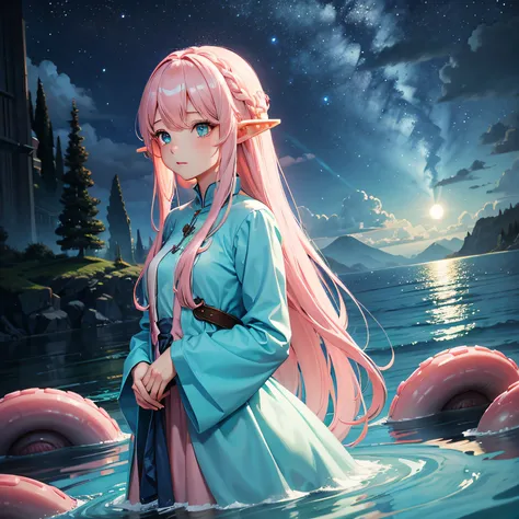 female, elf, light pink hair, cyan dress, cloudy night, by lake, tentacles