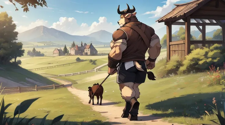 an anthropomorphic bull is pulling a four-wheeled covered wagon across a grassy field during the day, ((solo, walking, pulling, looking ahead)), male, ((anthro, bull-man, medium-length horns, bovine tail, muscled body, hooves, two-tone fur, brown and white...