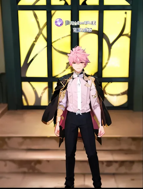 a close up of a person standing on a set of stairs, delicate androgynous prince, beautiful androgynous prince, wearing fantasy formal clothing, ((wearing aristocrat robe)), pink iconic character, single character full body, magical school student uniform, ...