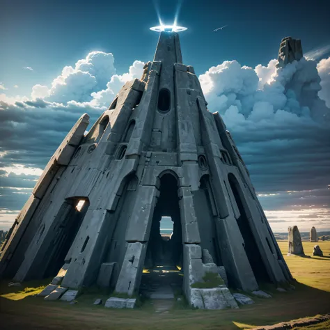 spaceship flying over stonehenge with a beam of light coming from it, ancient alien portal, alien spaceship in the sky, an intact ancient alien ship, alien mothership in the sky, alien structure, ufo aliens, with stone henge on top, ancient alien tools and...