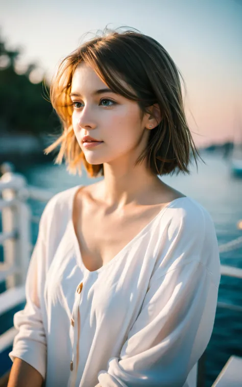 masterpiece, Best Quality, 8K, 1 girl, yacht harbor at dusk, 18 yo, medium breasts⁩, mouth slightly open, cute little, Solo, sad, Clothes suitable for autumn, Cute, Girly, Delicate girl, Neat and clean beauty, Raw photo, Professional Photography, Portrait,...