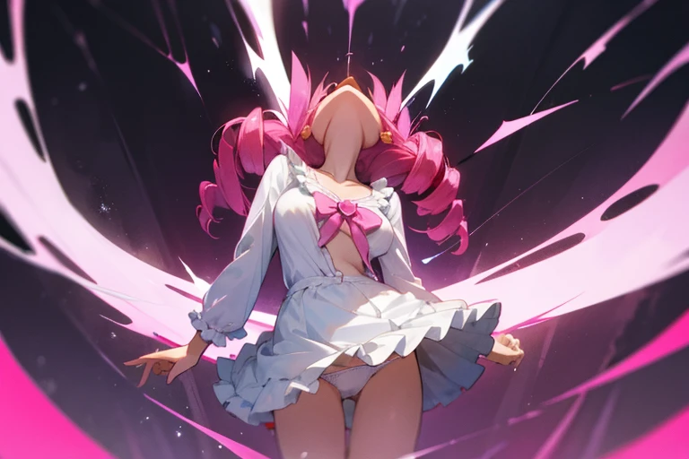 tottering, precure, big breast, torn clothes, frilly, closed eyes, :o, white panties, dirty, bleed, pink hair, drill hair, headback