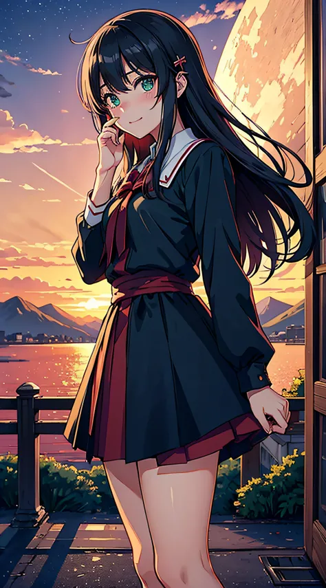 sora aoi, Best quality,emir, kita high school uniform, Green eyes, hair pin, Castle, outside, Continuous staring, mountain scene, looking at viewert,Night, Red sky, Blood Moon, Yandere trance, Yandere, hand on own face,hand on own cheek, blank eye, Blush, ...