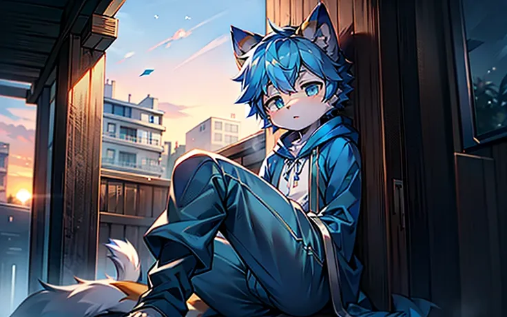 stray cat boy，Cold，Wearing a blue wind-patterned cloak，Wearing blue pants，At sunset，ambient light