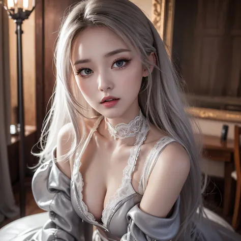 super high quality, 8k, RAW photo, realistic, white messy hair, forehead, hair over one eye, cute woman, full makeup, annoying sexy expressions, slender, perfect proportion, wearing gray sexy dress made of leather with laces on both sides