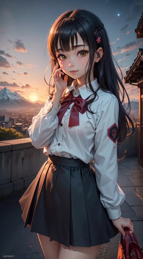 sora aoi, Best quality,emir, kita high school uniform, Green eyes, hair pin, Castle, outside, Continuous staring, mountain scene, looking at viewert,Night, Red sky, Blood Moon, Yandere trance, Yandere, hand on own face,hand on own cheek, blank eye, Blush, ...