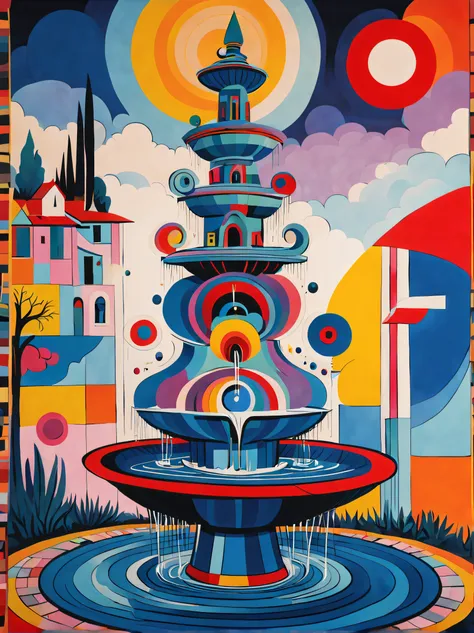 the fountain, kandinsky style, in the picasso style, iintricate, extremly high detail