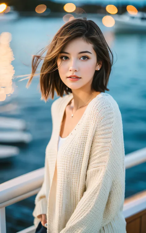 masterpiece, Best Quality, 8K, 1 girl, yacht harbor at dusk, 18 yo, medium breasts⁩, mouth slightly open, cute little, Solo, sad, Clothes suitable for autumn, Cute, Girly, Delicate girl, Neat and clean beauty, Raw photo, Professional Photography, Portrait,...