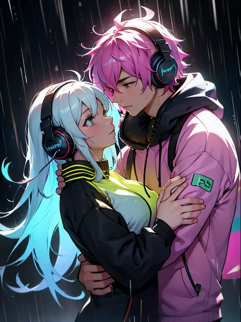 Ultra HD, high quality image, 4k, sweet couple, headphones, raining, rainbow effects