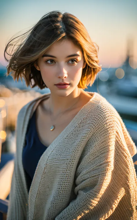 masterpiece, Best Quality, 8K, 1 girl, yacht harbor at dusk, 18 yo, medium breasts⁩, mouth slightly open, cute little, Solo, sad, Clothes suitable for autumn, Cute, Girly, Delicate girl, Neat and clean beauty, Raw photo, Professional Photography, Portrait,...