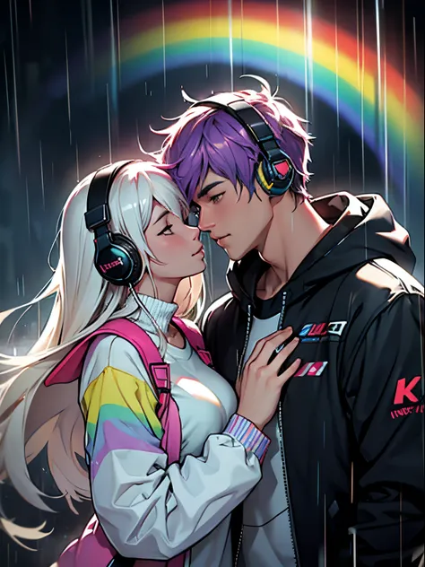 Ultra HD, high quality image, 4k, sweet couple, headphones, raining, rainbow effects