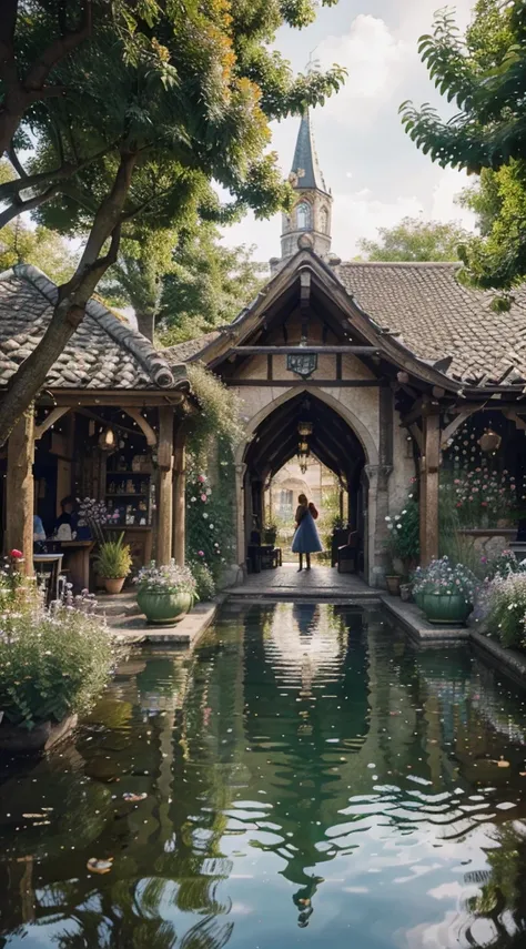 fantasy village town square,crowd,landscape,fountain,cobblestone,fairy tale,illustration,fine art,detailed architecture,enchanted atmosphere,vibrant colors,soft lighting,impressive details,highres,realism,medieval style,dragon sculptures,mystical creatures...