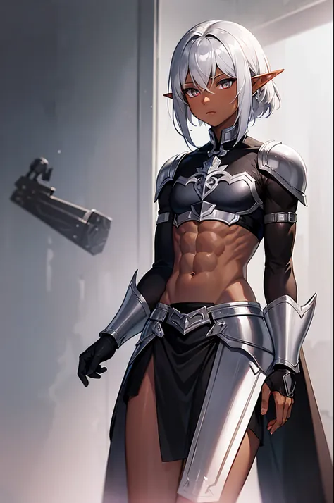 dark skinned, medium silver hair, abs, androgynous, black skirt, elf boy, armor