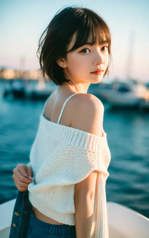 masterpiece, Best Quality, 8K, 1 girl, yacht harbor at dusk, 18 yo, medium breasts⁩, mouth slightly open, cute little, Solo, sad, Clothes suitable for autumn, Cute, Girly, Delicate girl, Neat and clean beauty, Raw photo, Professional Photography, Portrait,...