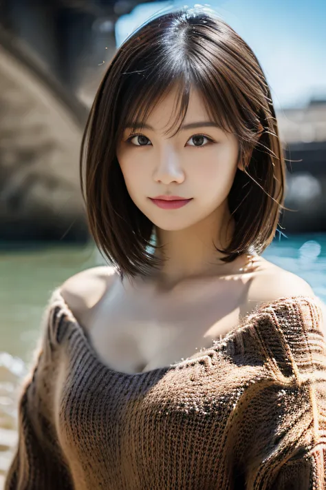 a close up of a woman with a sweater on posing for a picture, Middle metaverse, 奈良美智, Japanese Models, Beautiful Asian Girl, With short hair, 2 4 years old female model, 4 k ], 4K], 2 7 years old, sakimichan, sakimichan